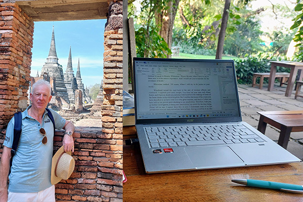 Frank Hurst against background of temples. Photo of laptop and pen